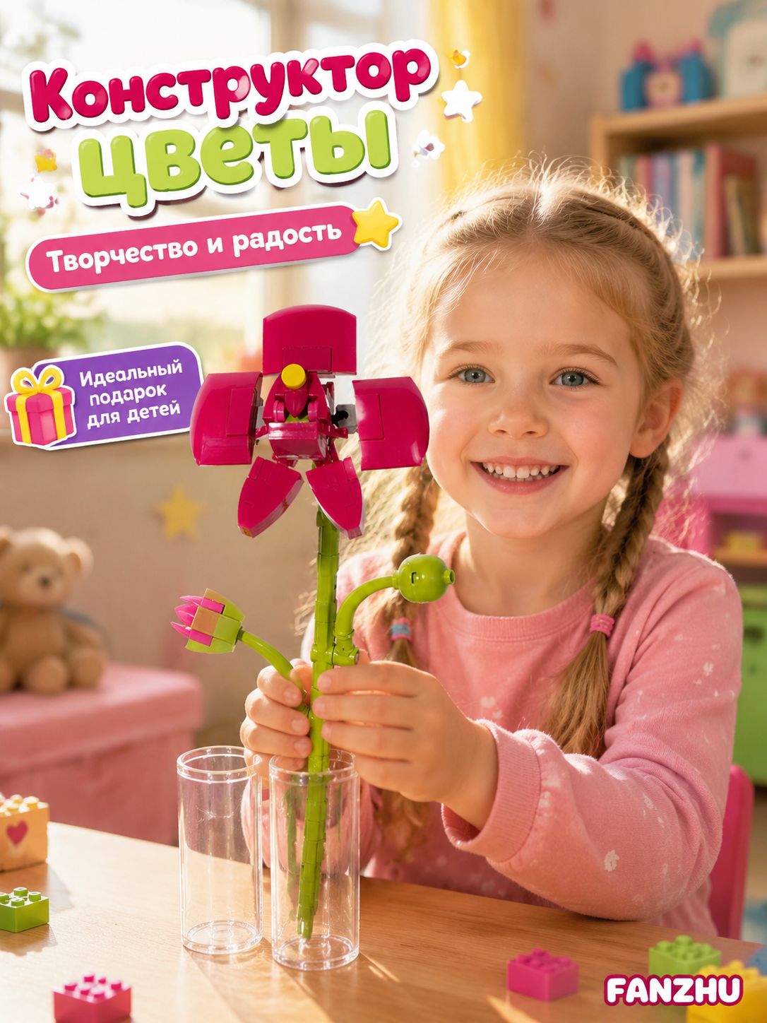 Конструктор цветы, 87деталей (3D цветы, совместим с lego сreator, лего совместимый, подарок для девочек)