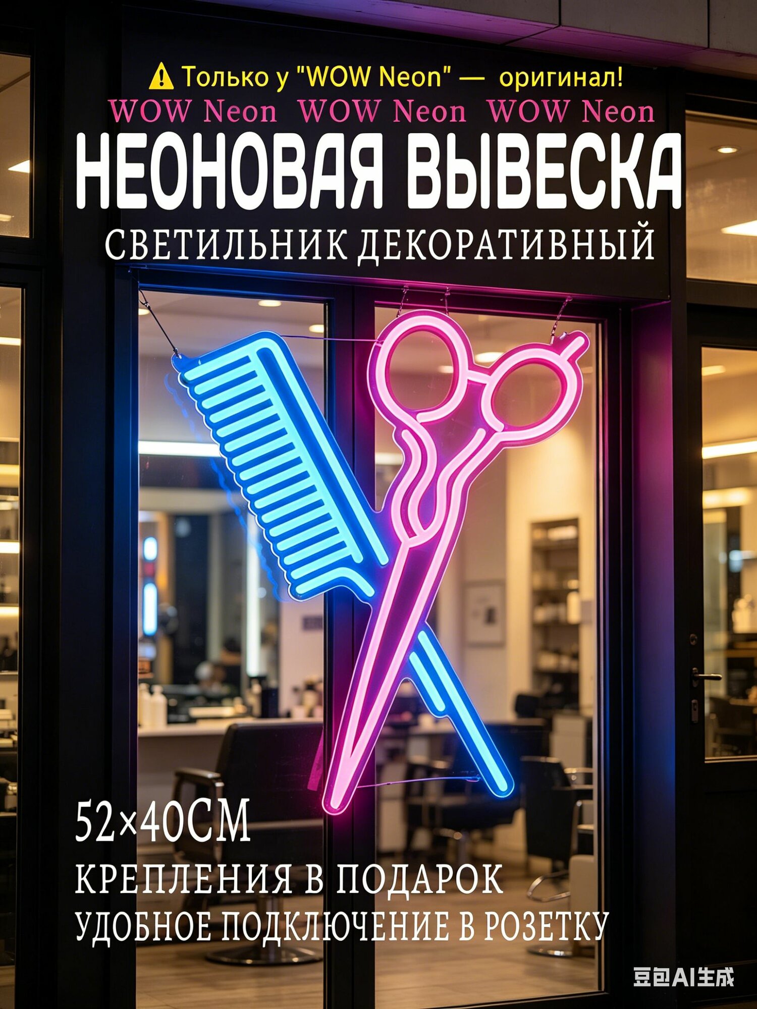 Неоновая вывеска для парикмахерской Ножницы и расческа 52х40CM