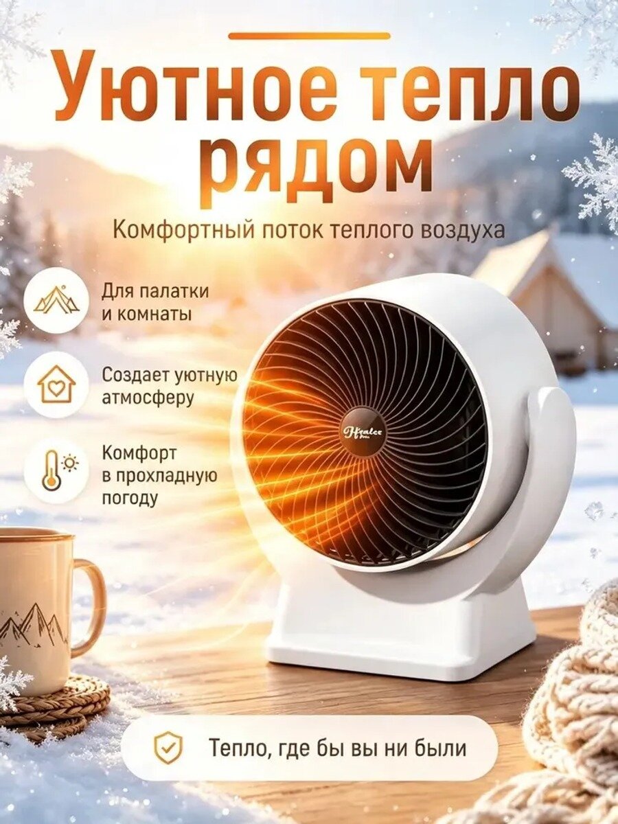 Настольный тепловентилятор белый с защитой от перегрева для дома и палатки