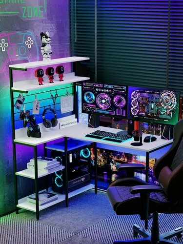 Изображение товара Угловой компьютерный стол SKANDIWOOD Basic, с полками, ЛДСП,125х93 см, белый/черный