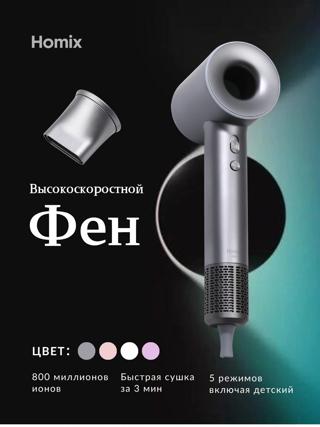 Фен , для волос, мощность 2000Вт, 3 режима, 2 скорости, ионизация
