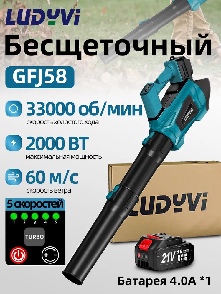 Воздуходувка электрическая (дуйка) LUDYVI 2000 Вт, электростартер, 60 м/с, черная