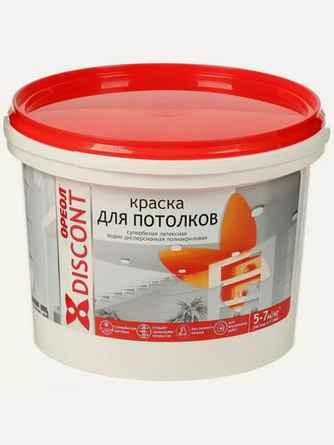 Изображение товара Краска водно-дисперсионная Ореол Дисконт для потолков, полиакриловая, матовая, белоснежная, 3 кг