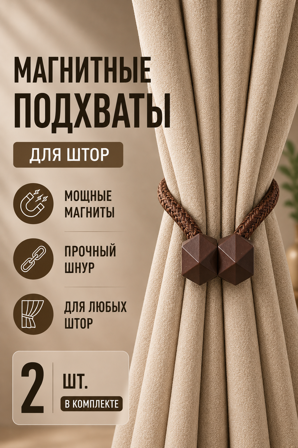 Подхват для штор магнитный, 2 шт, коричневый, для классических штор