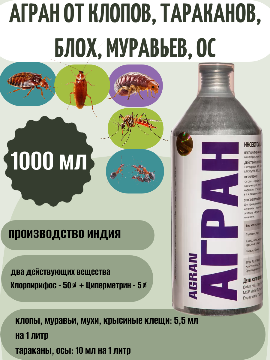Агран инсектицидное средство от Клопов, Тараканов, Блох и др. 1000 мл.