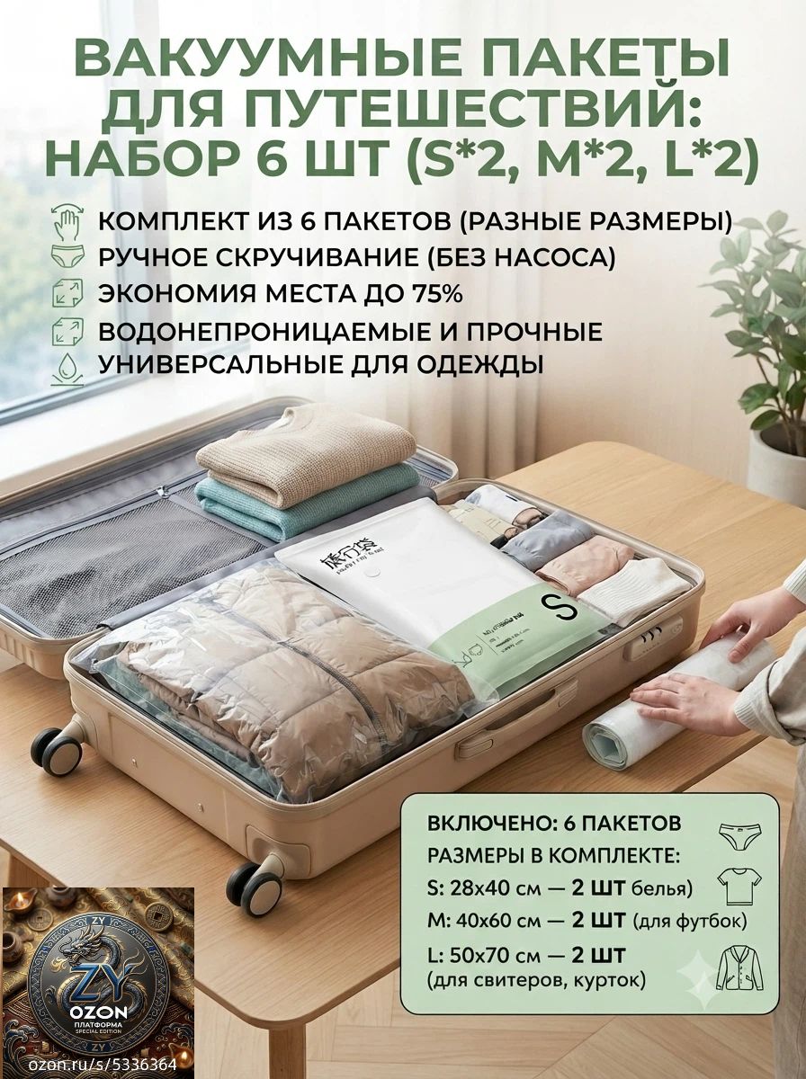 Вакуумные пакеты для одежды путешествий, набор 6 шт (размеры S, M, L), ручные компрессионные мешки без насоса для