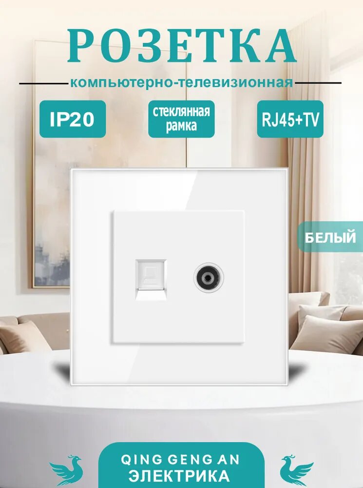 Розетка, объединяющая TV и RJ45 (Cat.6), с стеклянной рамкой 86x86 мм, 1 пост, цвет белый.