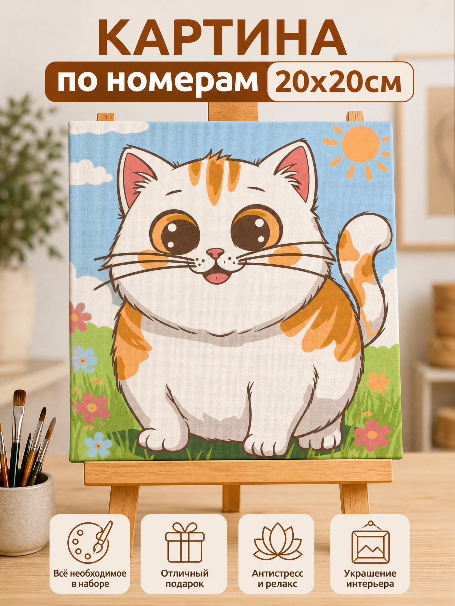 Набор для творчества Картина по номерам 20*20см (краски 10цв) Кот-пузатик К128 Фин-ти-Флю