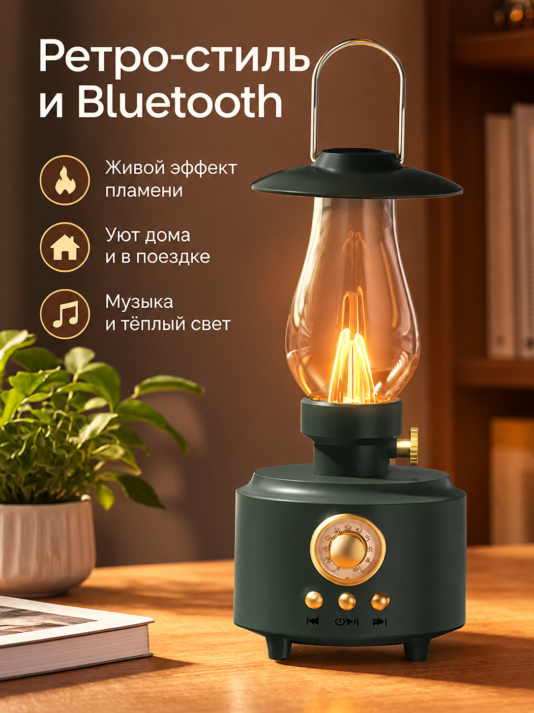 Ретро керосиновая лампа с Bluetooth-колонкой и эффектом пламени, Бирюзово-зелёный