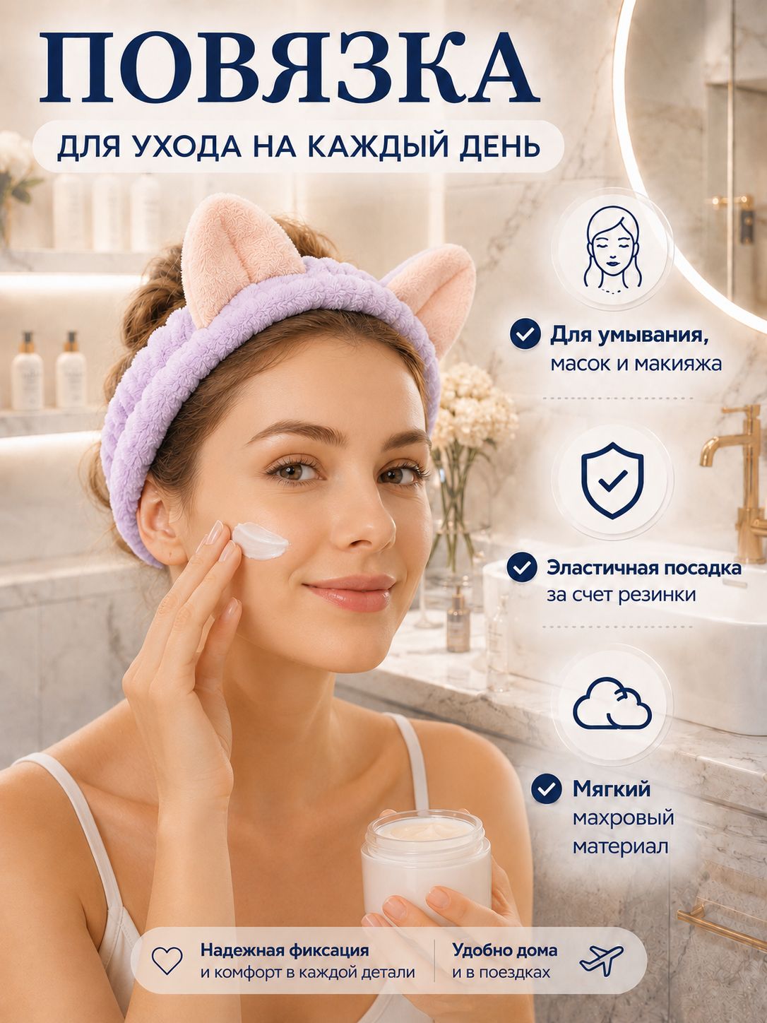 Повязка на голову для умывания женская косметическая/Ободок для волос с ушками