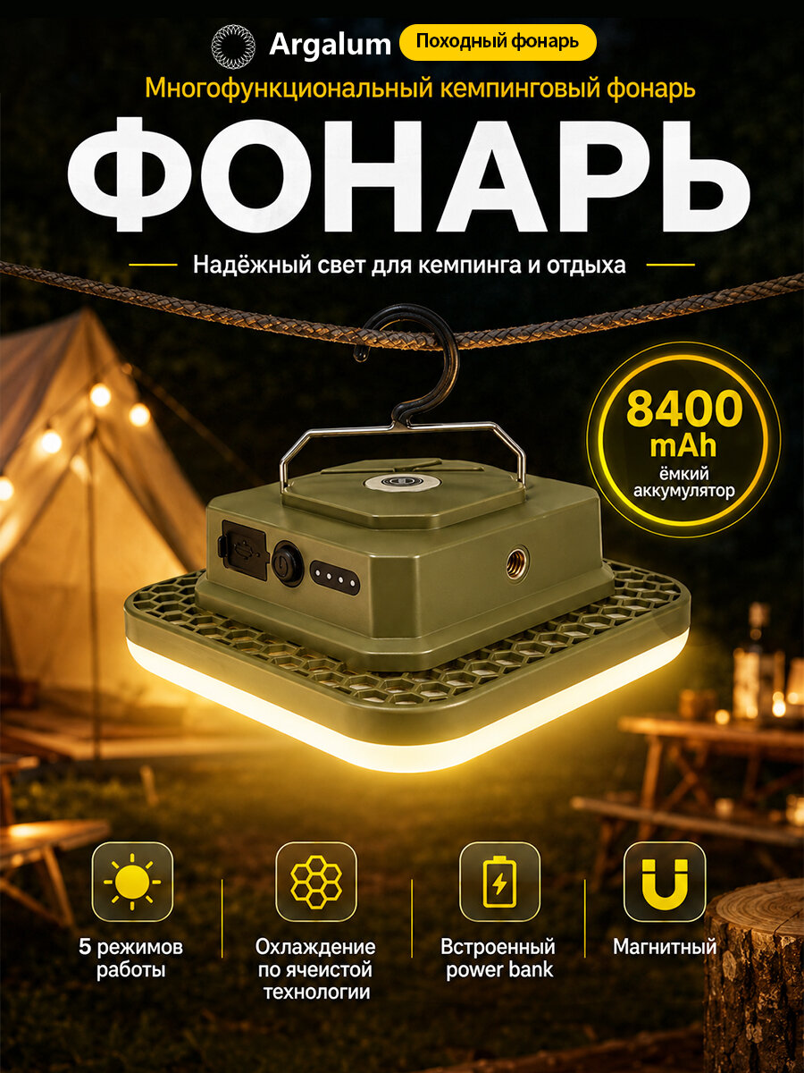 Кемпинговый фонарь-прожектор аккумуляторный с Power Bank для палатки, авто и похода, 8400 мАч