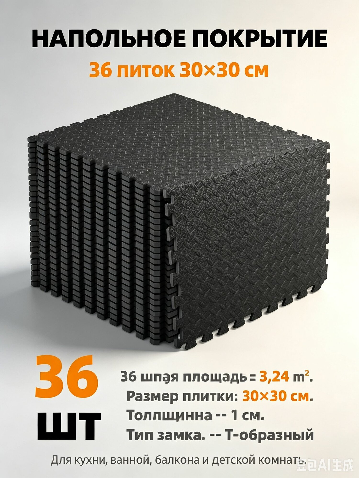 Премиум мат для пола, 36 штук, 30х30 см