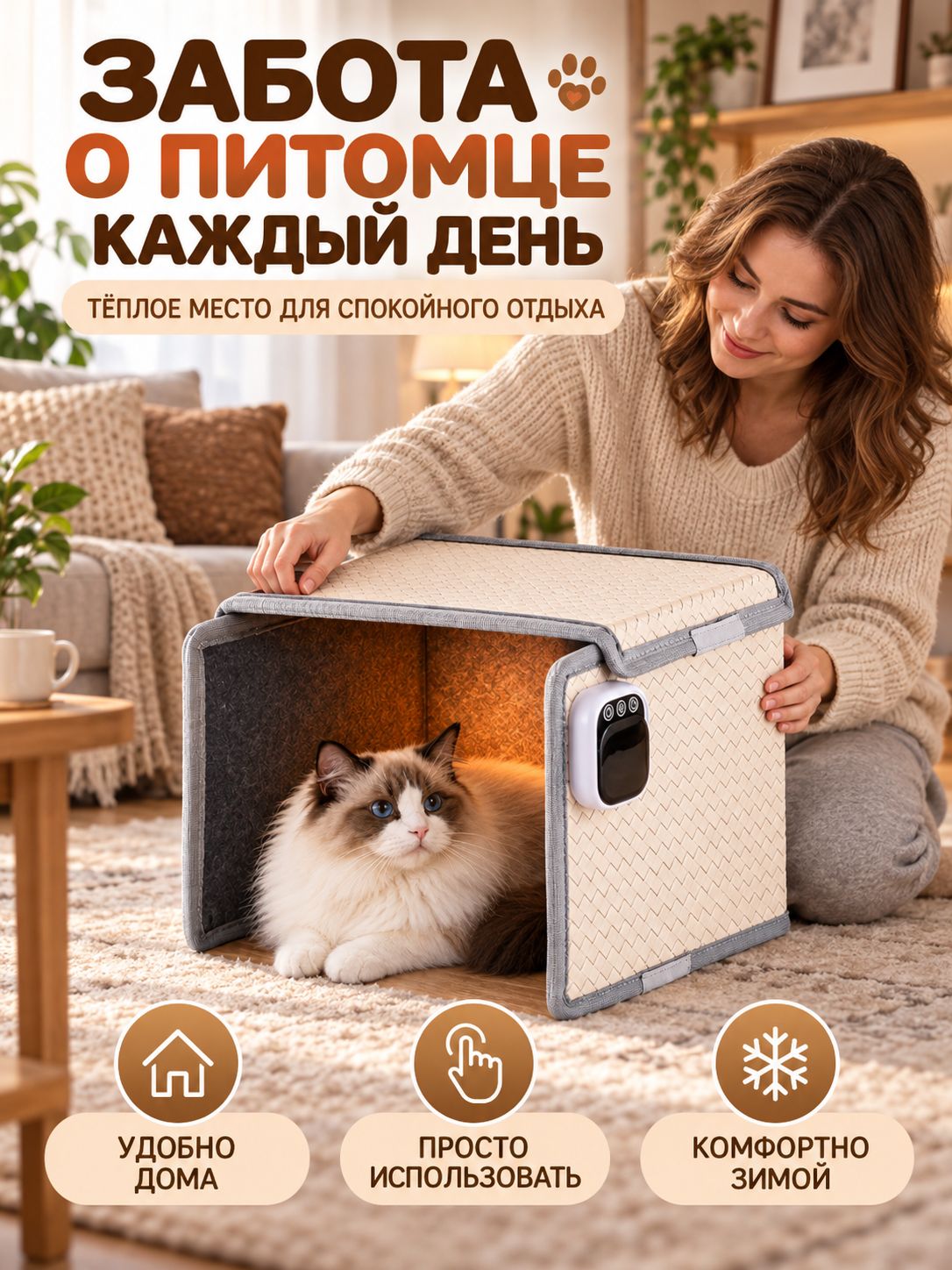 Домик для животных с подогревом бежевый 34 сантиметров, С матрасом и лежаком, Искусственные материалы