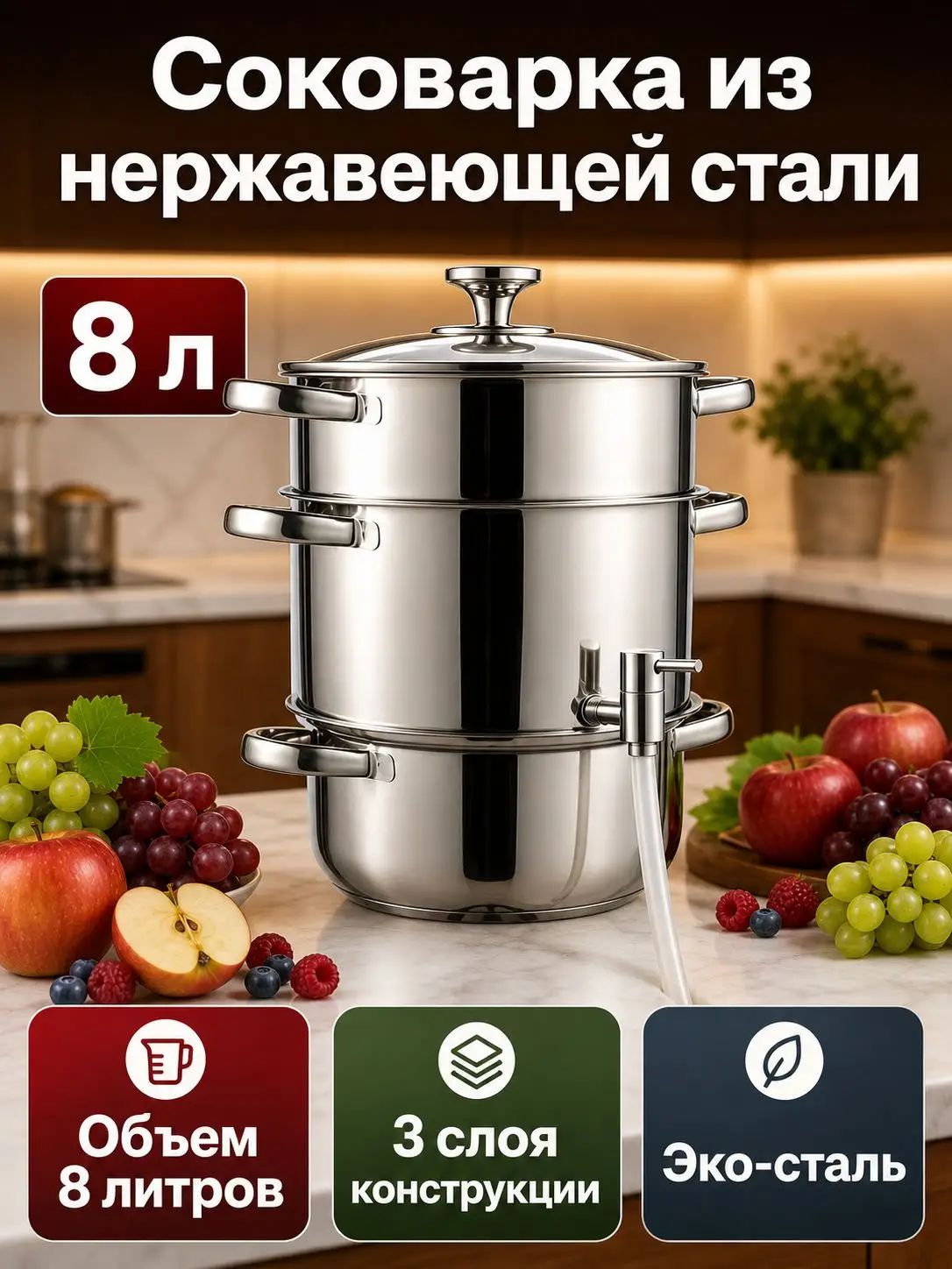 Соковарка 3 яруса 8.01 л нержавеющая сталь