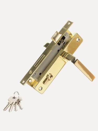 Изображение товара Замок врезной Аллюр 126/1 GP, 1074, цилиндровый с ручкой в комплекте, золотой, межосевое расстояние 70 мм, стальной корпус