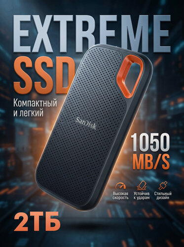 Изображение товара 2 ТБ Внешний SSD SanDisk Extreme Portable V2, USB 3.2 Gen 2 Type-C, черный