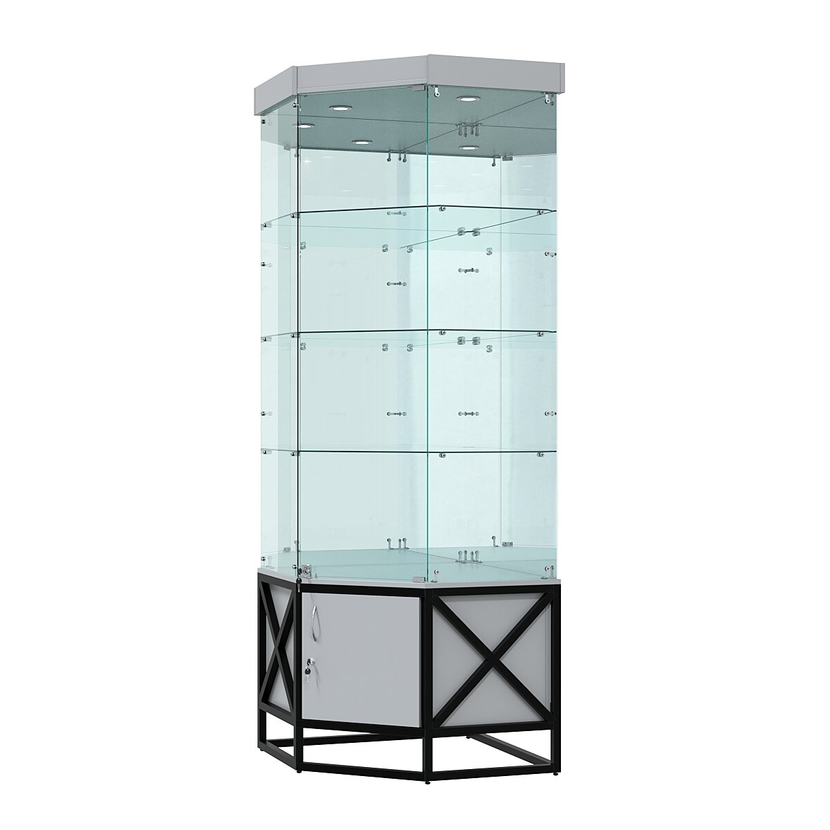 Витрина стеклянная "лофт стиль" угловая №14 пятигранная (с дверкой, задние стенки - зеркало), Серый