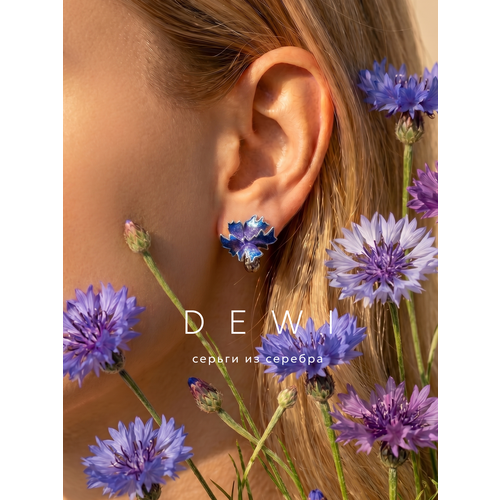 фото Серьги dewi, серебро, 925 проба, родирование, эмаль, размер 1.6 мм, длина 1.5 см, , синий