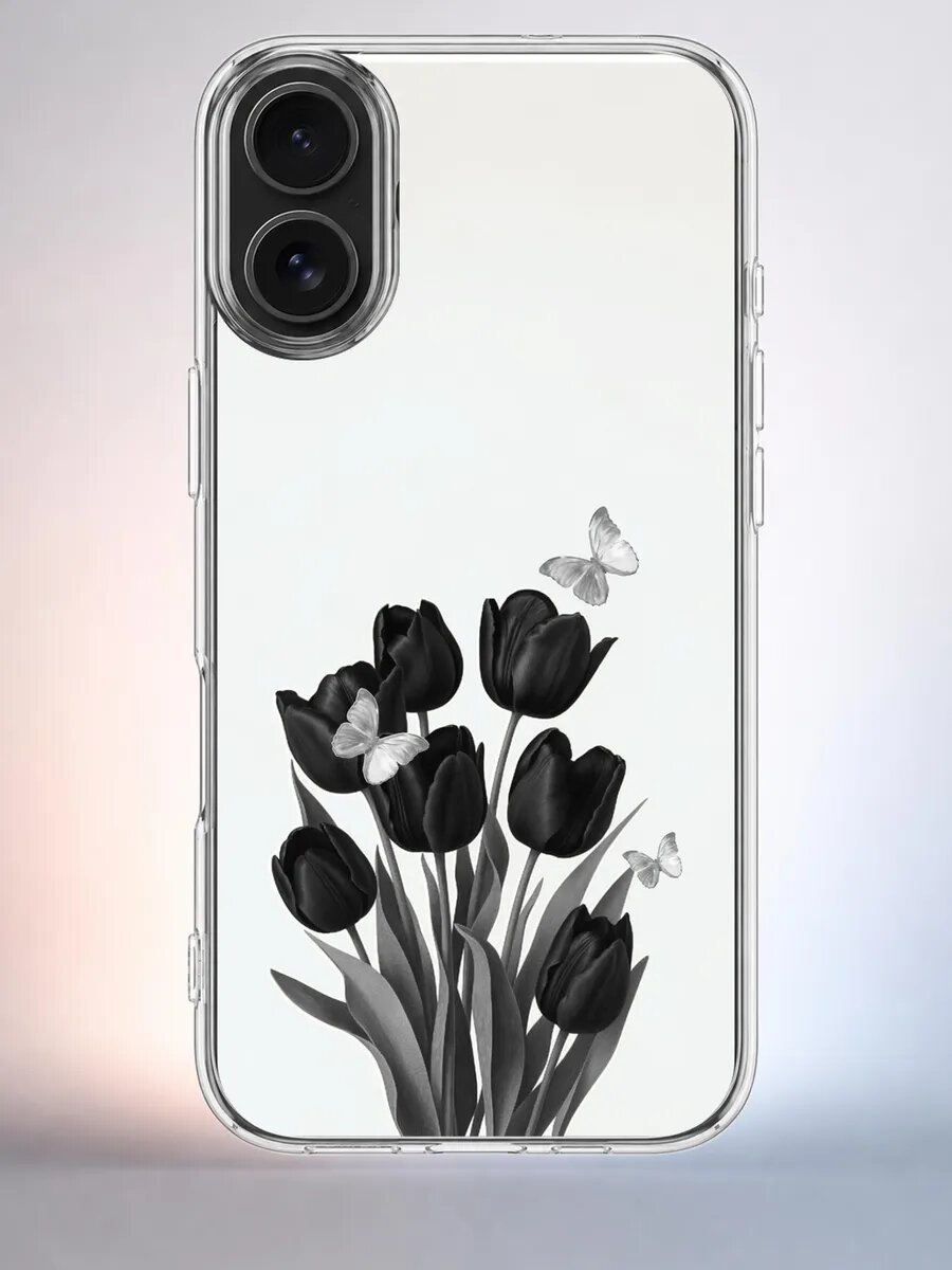 Чехол iPhone 16 чёрные тюльпаны силиконовый прозрачный
