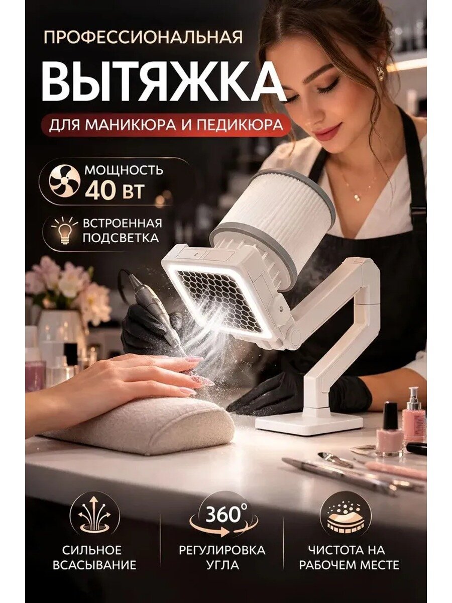 UA-002Arm Вытяжка пылесос для маникюра и педикюра, белый, 40 Вт, 41*30*21 см, европейская вилка