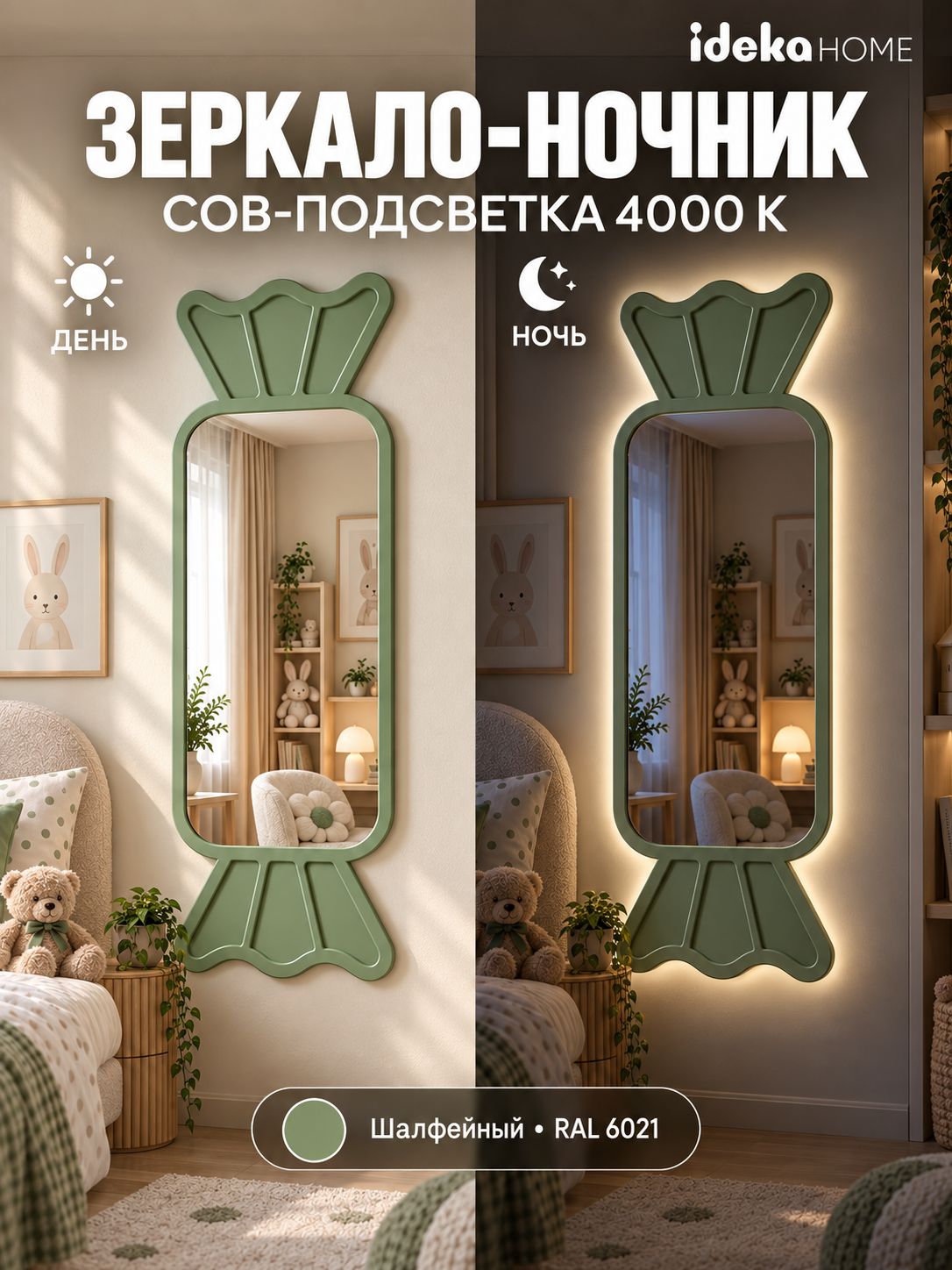 Зеркало детское настенное с подсветкой, в детскую комнату, фигурное, 88 на 29 см, зеленое, дизайнерское, IDEKA home Конфета