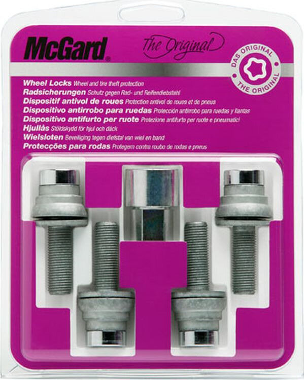Болты-секретки McGard 26002SU M12x1.25, длина стержня резьбовой части L34.5mm, общаяя длина 63mm, плоская посадка, ключ S17mm, 4 болта 1ключ, без вращающегося кольца, хром