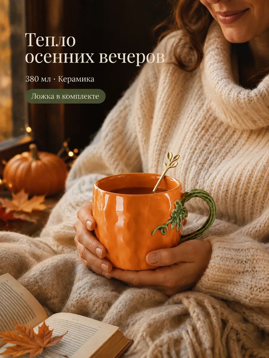 Керамическая кружка-тыква 380 мл с фигурной ручкой