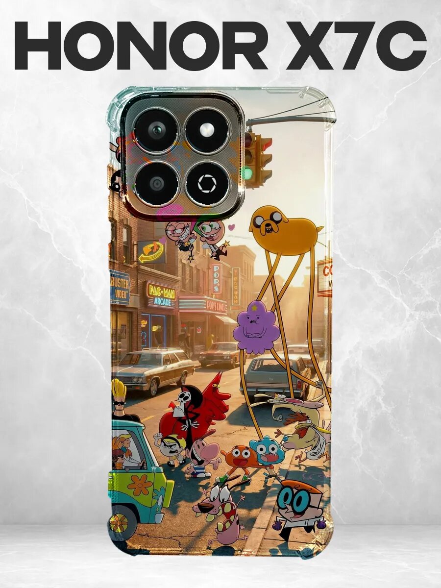 Чехол на Honor X7C с принтом мультгерои в городе