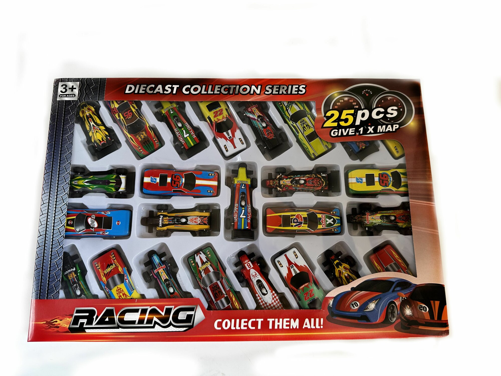 Набор металлических машин RACING. В упаковке 25 моделей и карта.