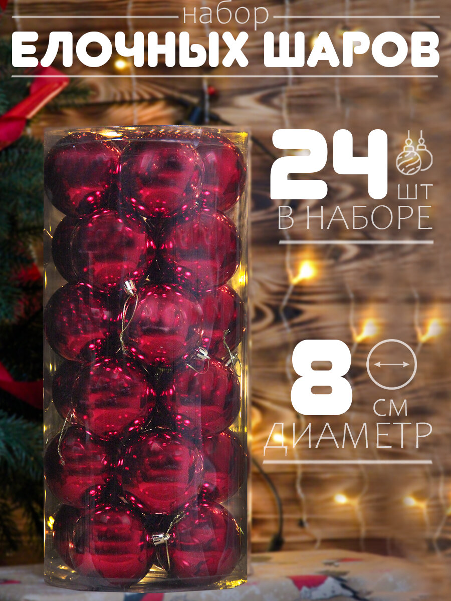 Елочные шары красные 8 см 24 шт, шары на елку набор, новогодние шары глянец