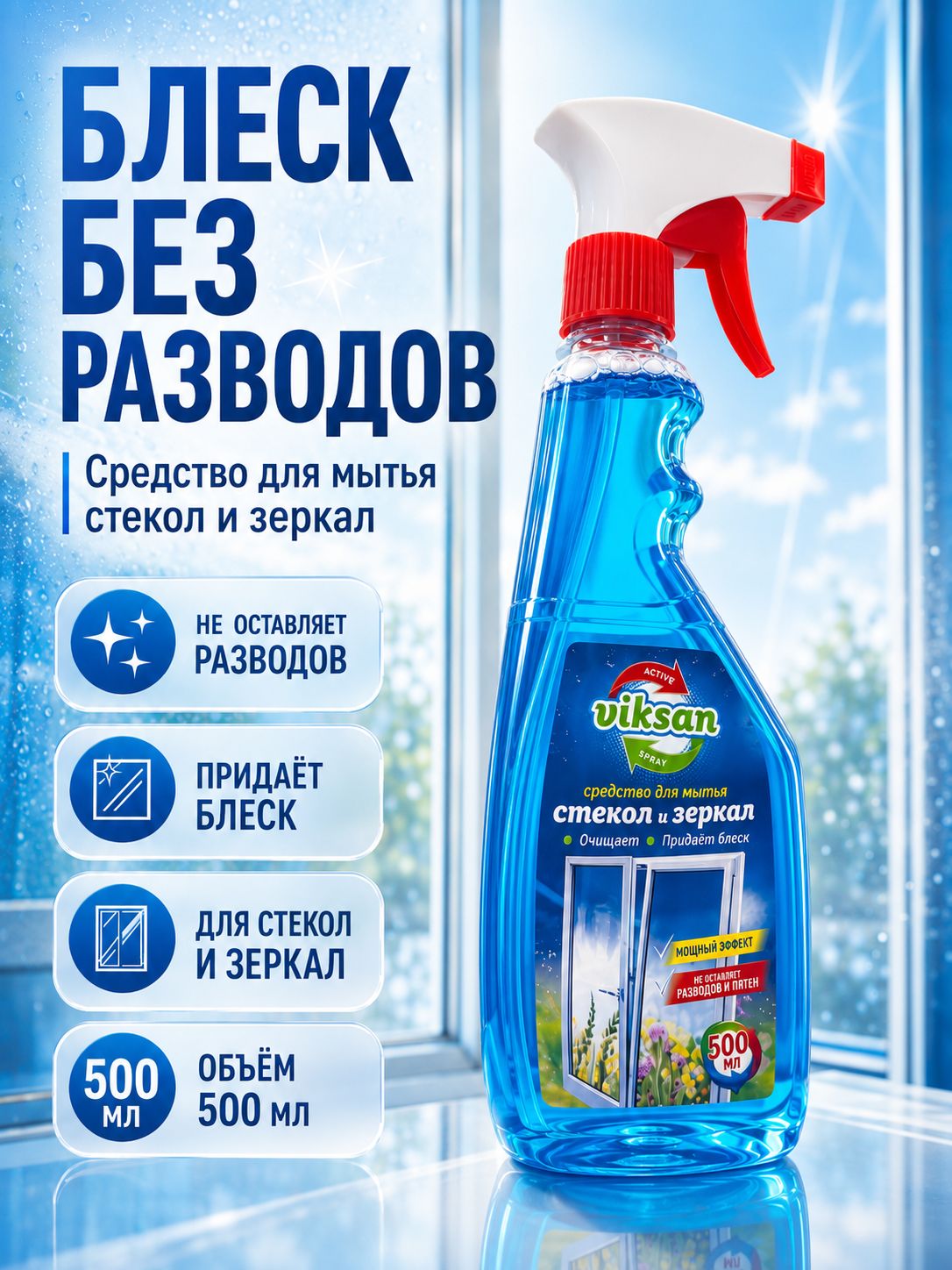 Средство для мытья окон, стекол и зеркал Viksan, без разводов, для стеклянных и пластиковых поверхностей, спрей