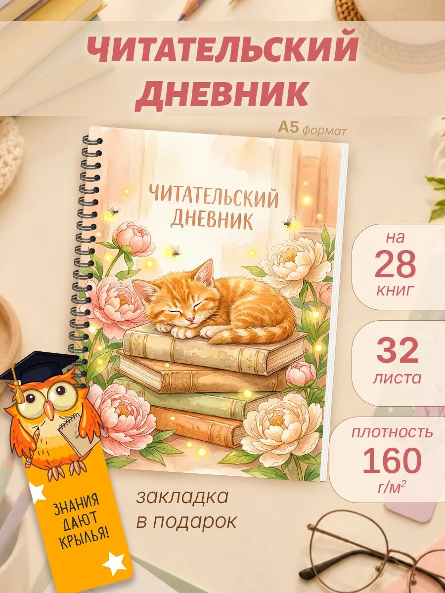 Читательский дневник для девочки и мальчика с котиком