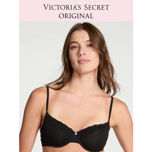 фото Бюстгальтер victoria's secret cotton shadow stripe unlined demi bra, 1 шт., размер 38d, черный
