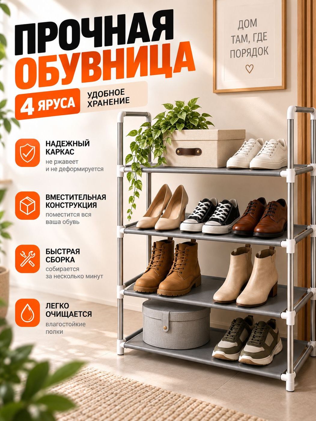 Обувница металлическая, Полка этажерка в прихожую, гардеробную, 4 ярусаМаксимум обуви минимум места До 12 пар обуви