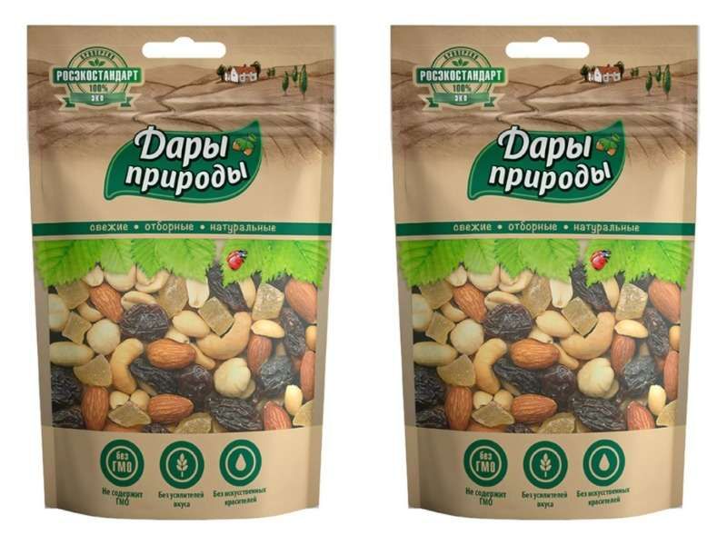 Дары природы Коктейль смесь орехов и изюма, 150 г, 2 шт