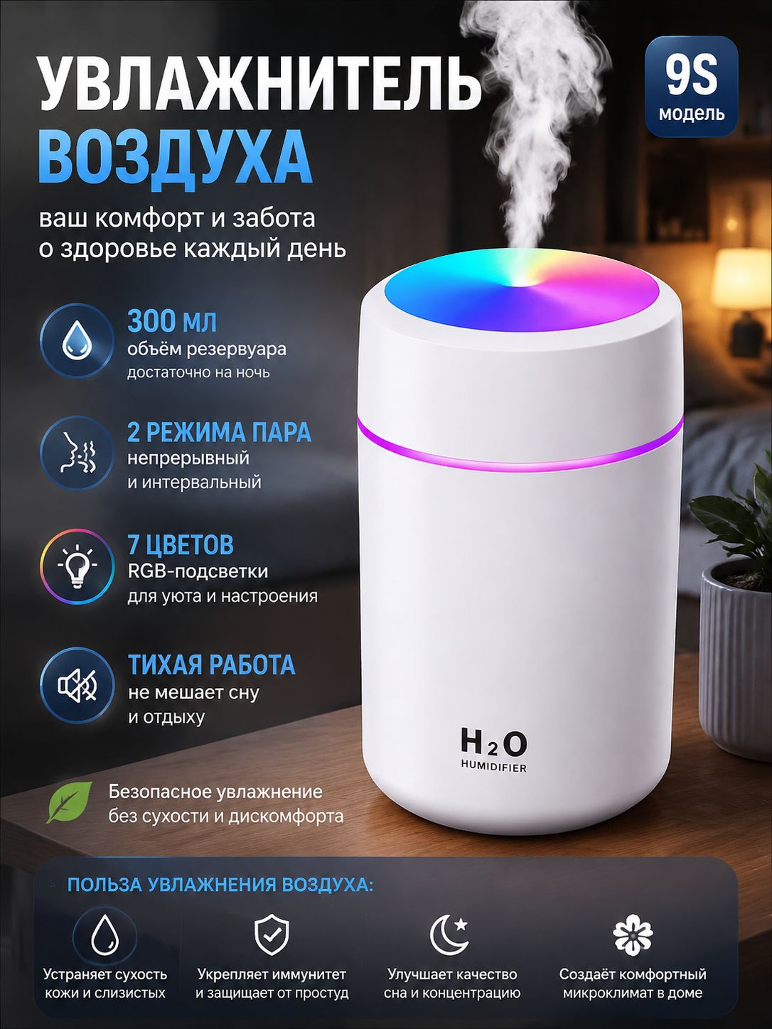 Увлажнитель воздуха ультразвуковой mzm-20260123141406132, холодный пар, 300 мл, 0,04 л/ч, до 20 м², бесшумный (≤10 дБ)