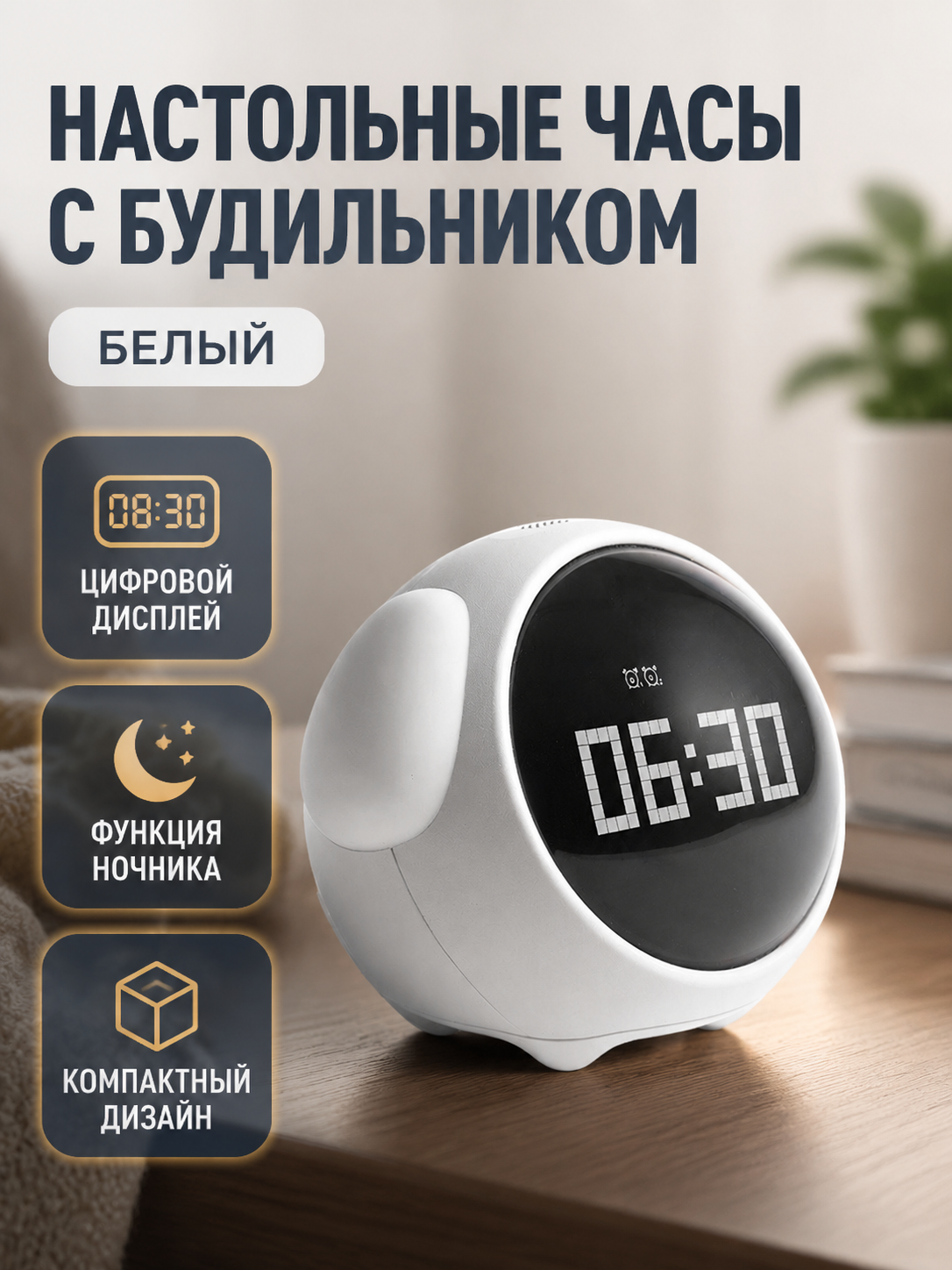 Электронный настольный будильник с функцией ночника, пластиковый корпус белого цвета с желтым смайликом,