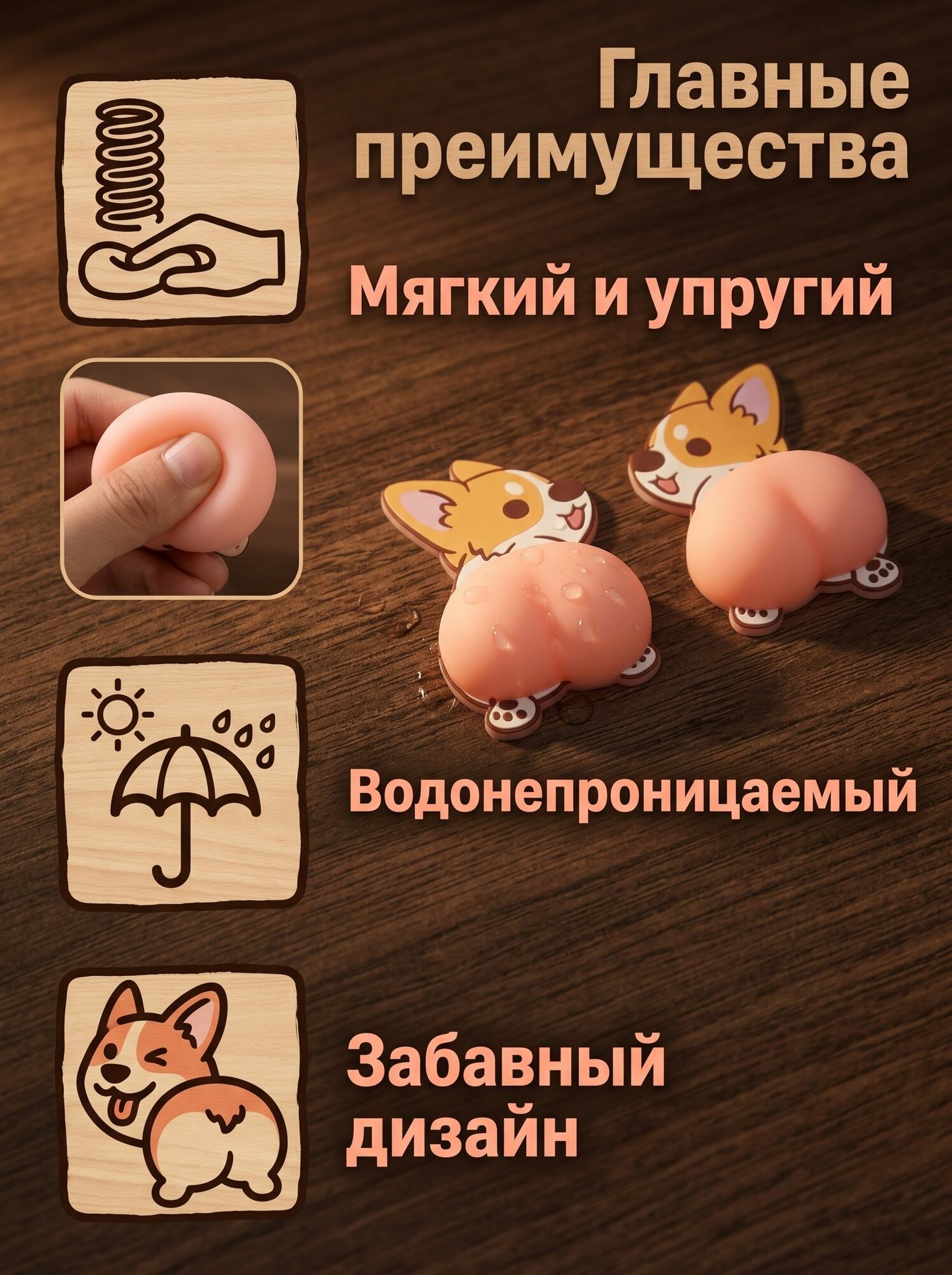 Стоппер для двери, антистресс в виде розовой жопки (корги). Комплект из 2 шт.