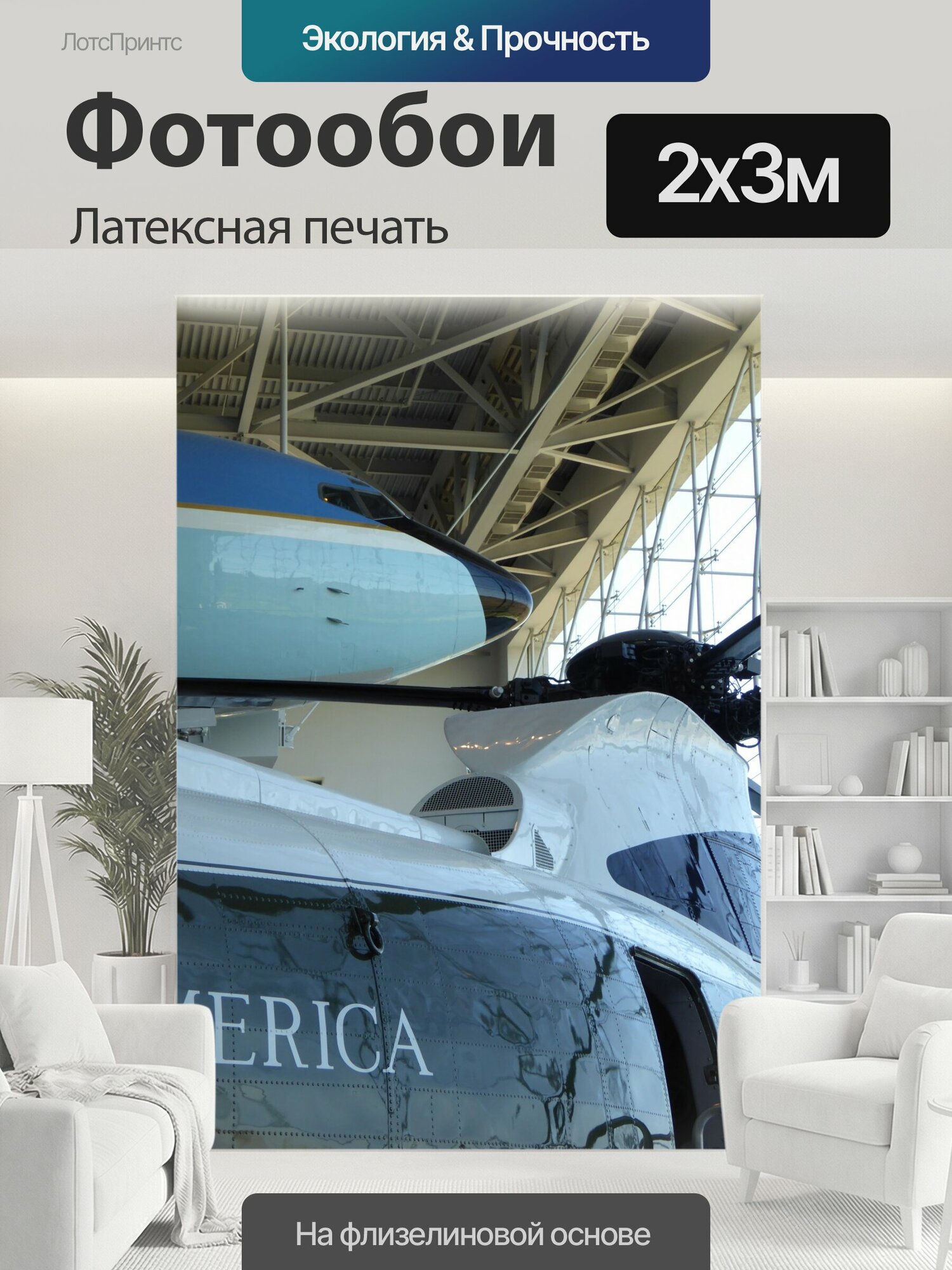 Фотообои моющиеся ударопрочные "Президентский вертолет и самолет Частичный вид Air Force One и морской один вертолет используется президента." 200x300 см. латексная печать