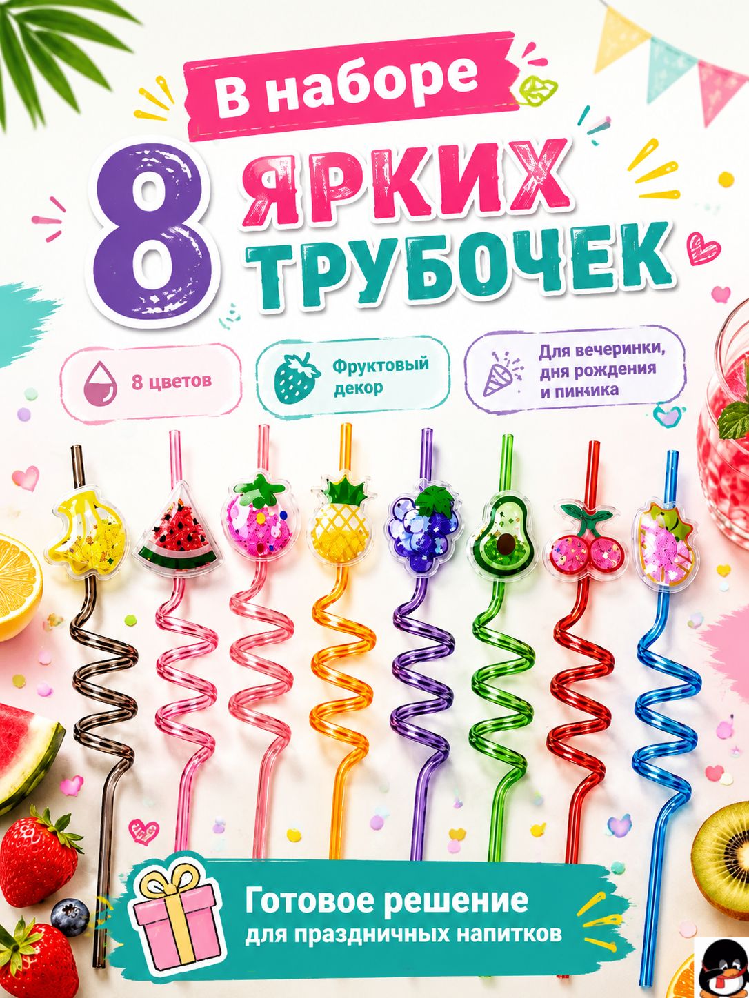 Трубочки для коктейлей 26 см 5 мм 8 шт разноцветный