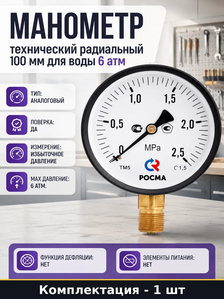 Манометр технический радиальный 100 мм для воды 6 атм