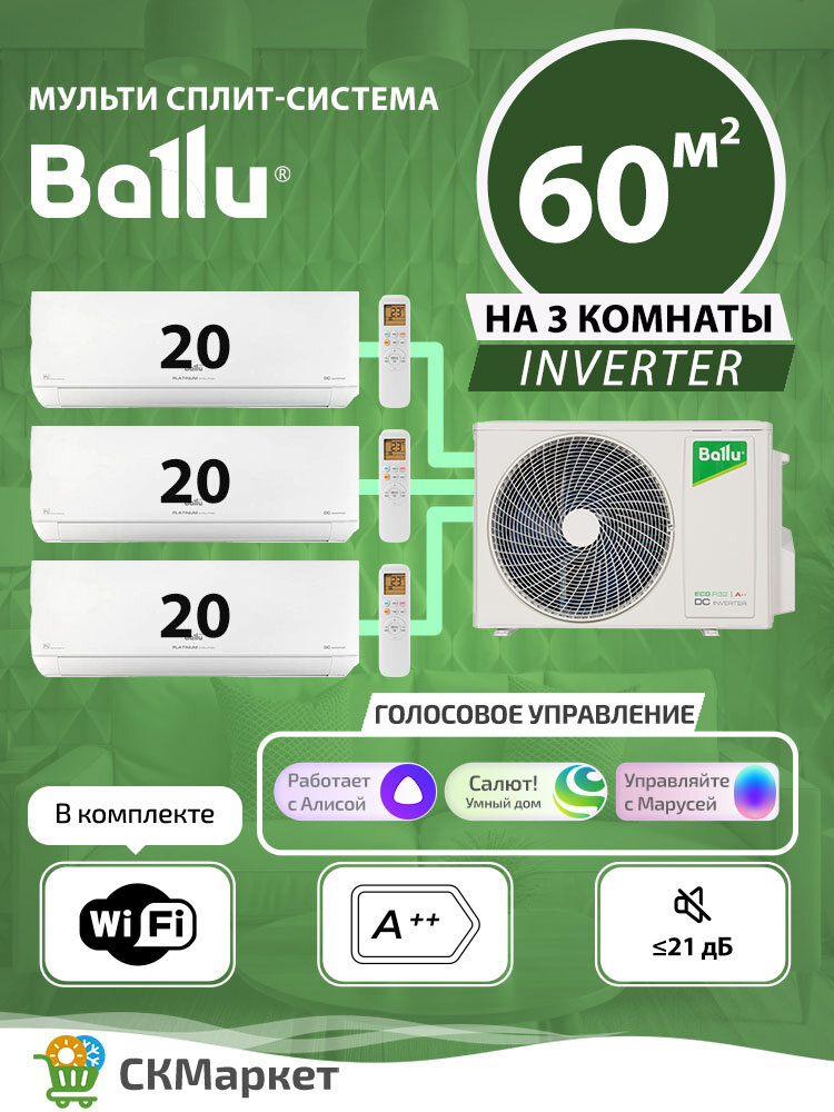 Мульти сплит система на 3 комнаты с Wi-Fi (20+20+20) кв. м. BALLU Platinum Evolution BSUI-FM/in-07HN8/EU x3/ BA3OI-FM/out-21HN8/EU, кондиционер инверторный, комплект белого цвета