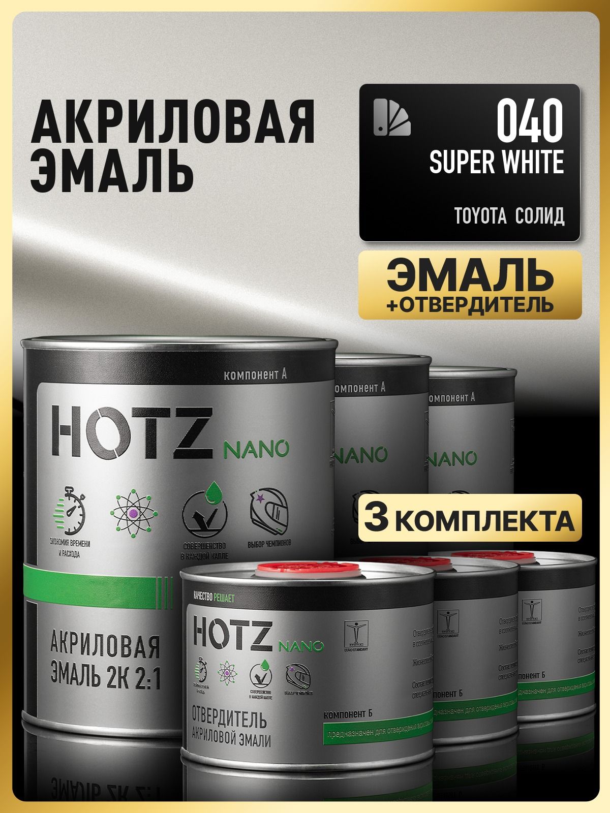 Акриловая краска автомобильная, Toyota 040 , 3 Комплекта 2К 4:1 (эмаль: 1000 мл + отвердитель: 500 мл), HOTZ