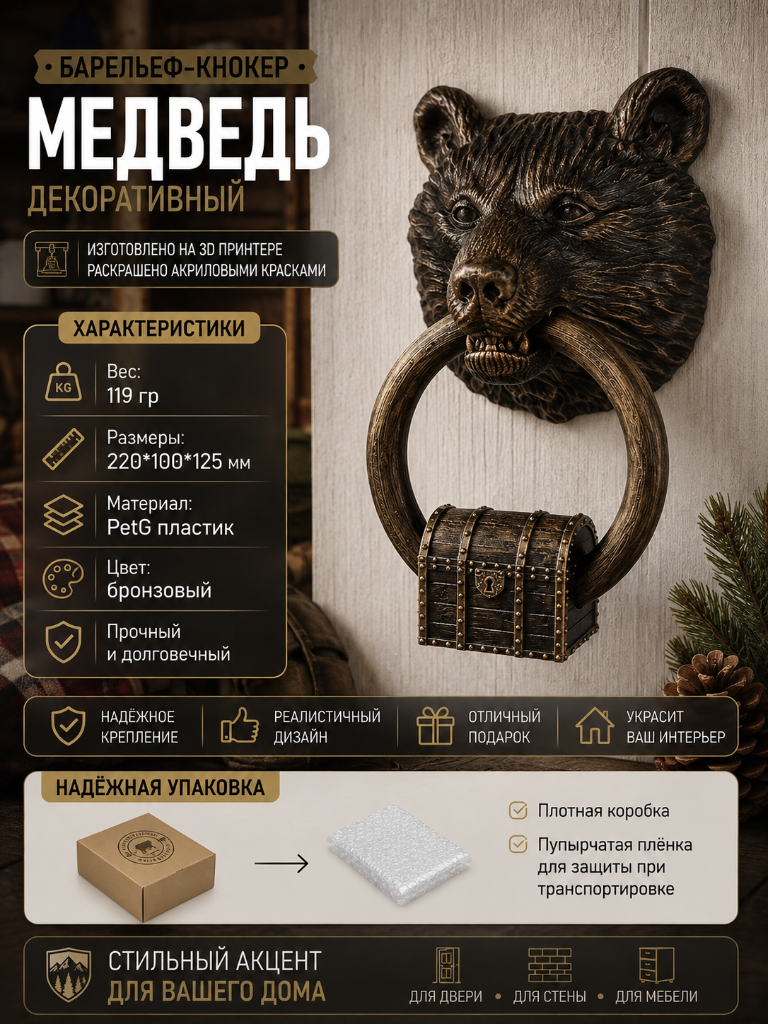 Кнокер декоративный дверной — Медведь с сундуком украшение