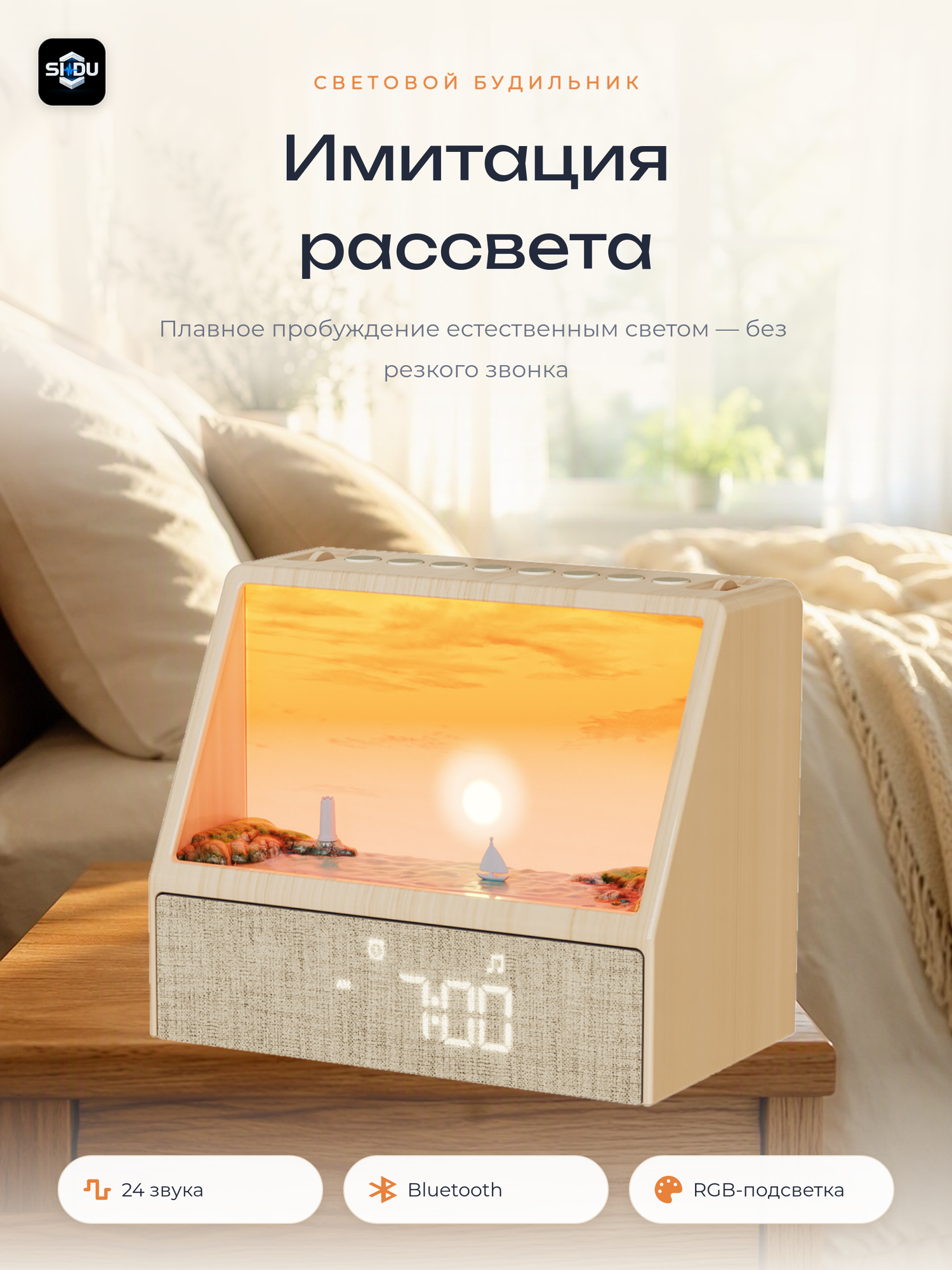Световой будильник с имитацией рассвета, ночник с белым шумом и Bluetooth-колонкой