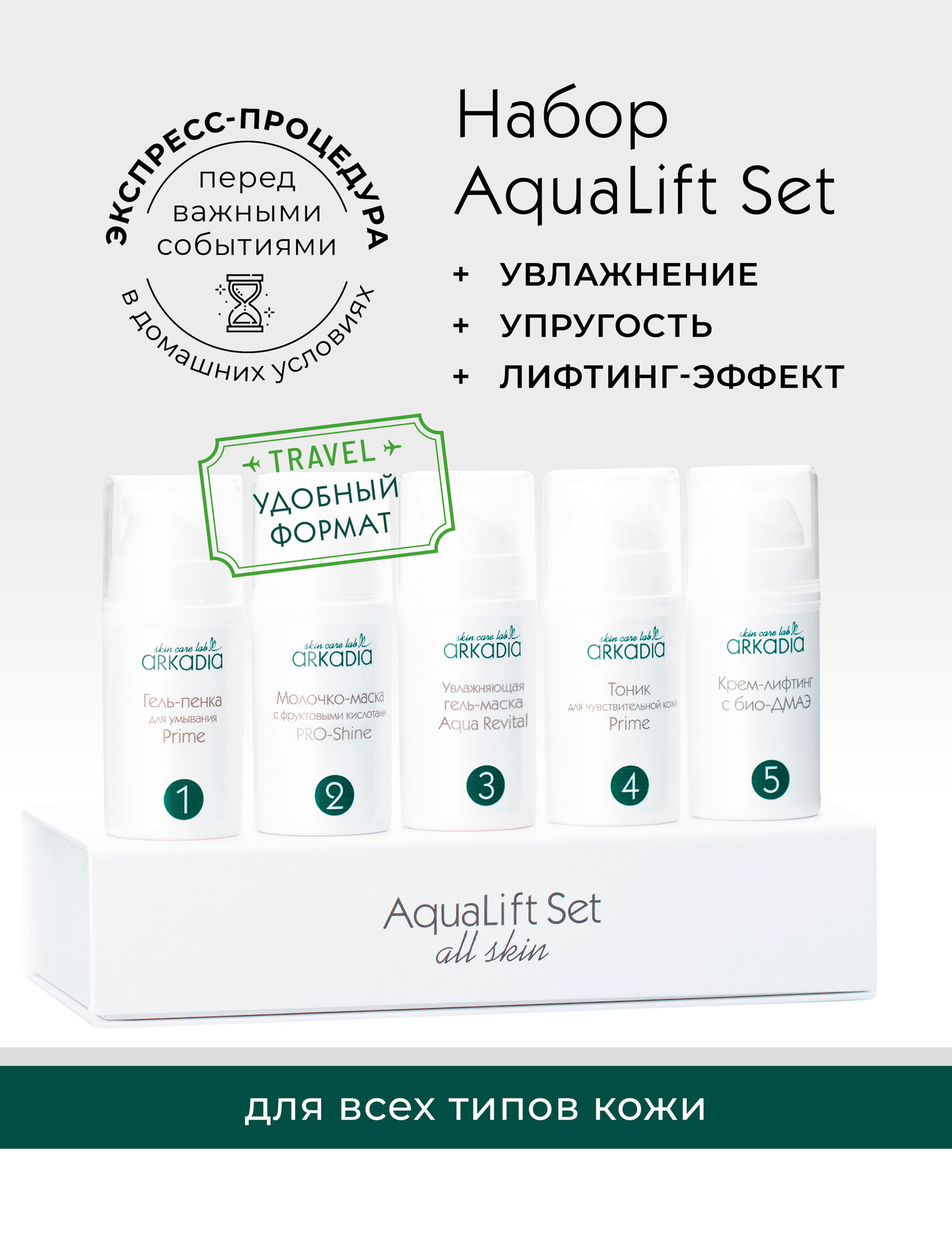 Комплекс мини-средств ARKADIA AquaLift Set, увлажнение, лифтинг-эффект, 5х15 мл