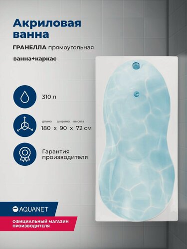 Изображение товара Ванна акриловая 180x90 Aquanet "гранелла". Комплект 2 в 1: Ванна акриловая, каркас
