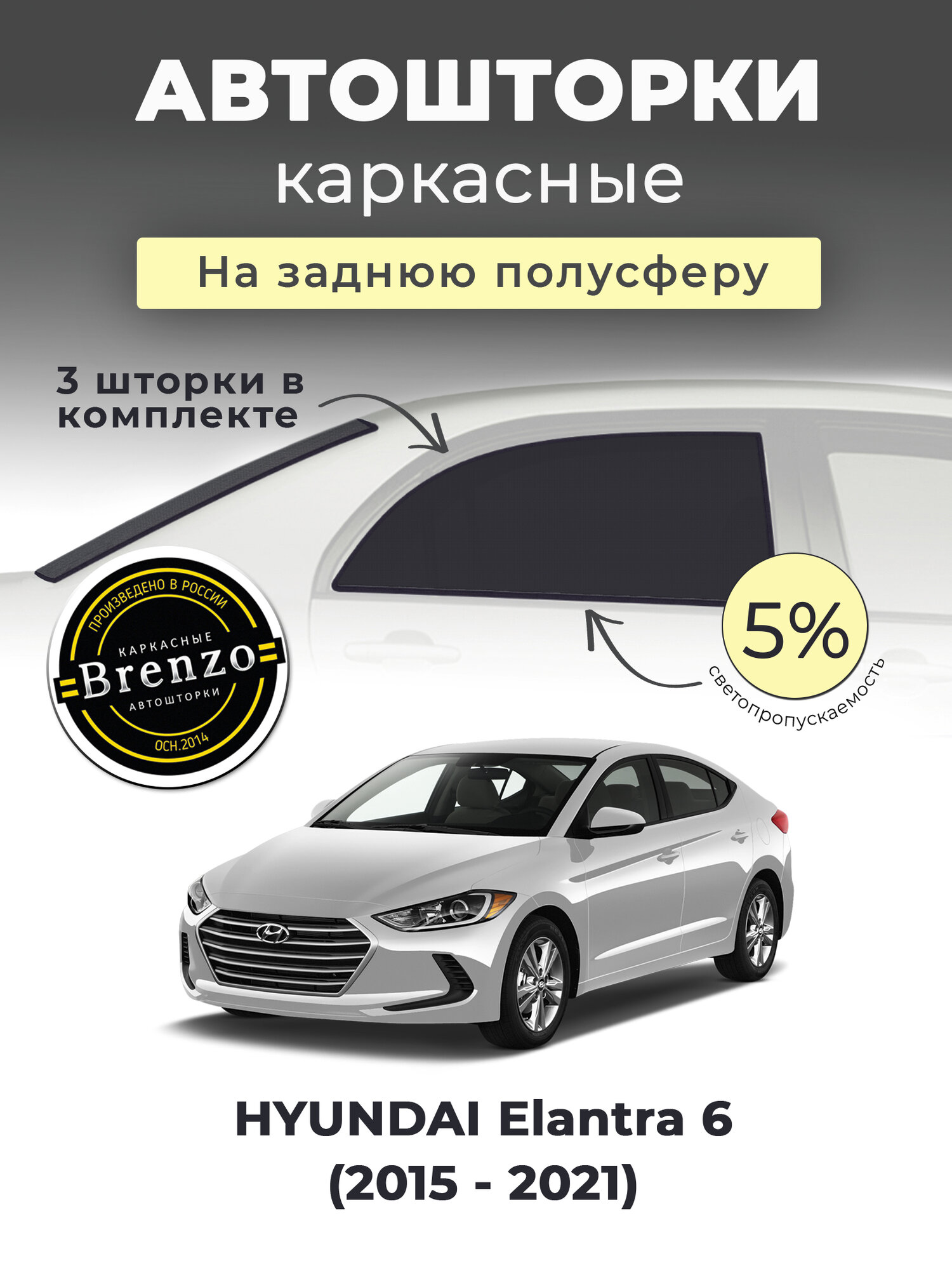Каркасные шторки HYUNDAI Elantra 6 (2015 - 2021) на заднюю полусферу 5%, сетки от солнца в машину