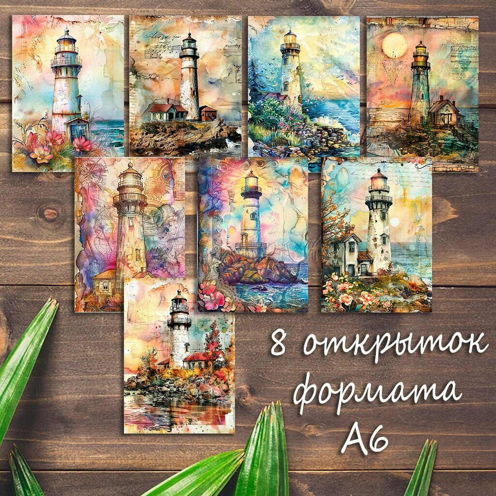 Большой набор открыток Винтажные маяки, 8 штук