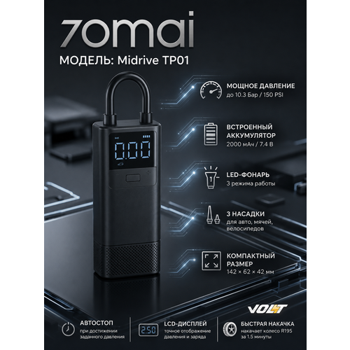 фото Беспроводной воздушный компрессор 70mai air compressor wireless tp05 (емкость 2500 мач | скорость 18.5 л/мин | фонарик)